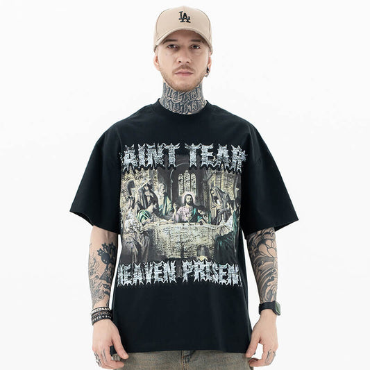 Front view of "The Last Supper" Graphic Christian T-Shirt worn by a model