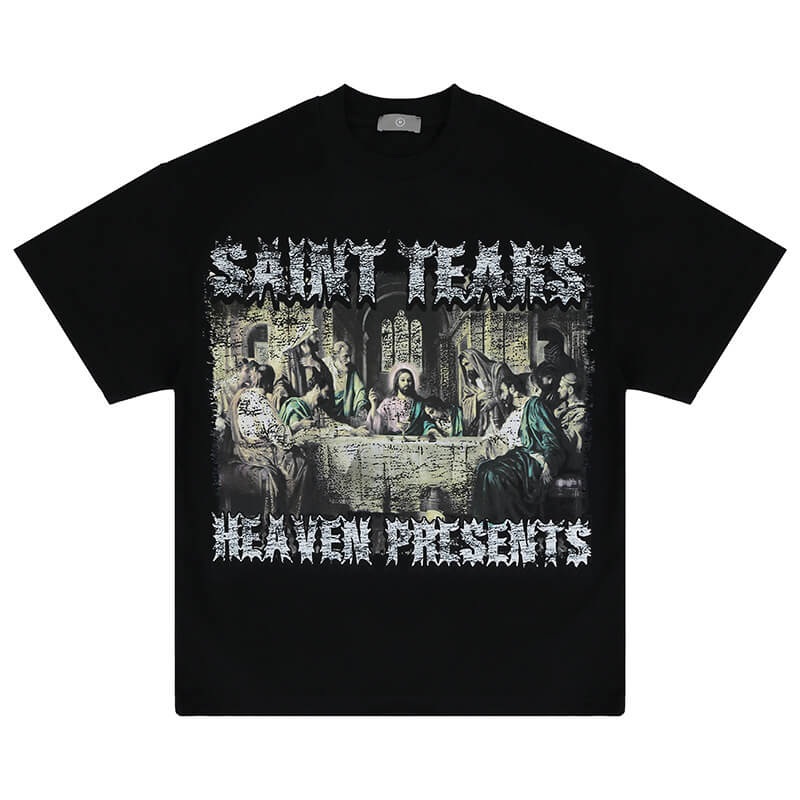Flat lay of "The Last Supper" Graphic Christian T-Shirt showing design and fabric