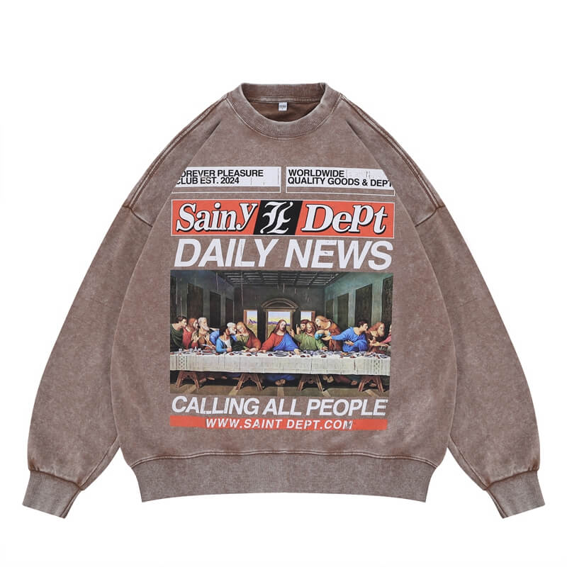 The chocolate brown last supper vintage wash graphic sweatshirt flat lay.