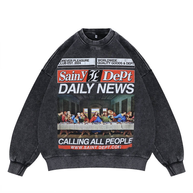 The black last supper vintage wash graphic sweatshirt flat lay.