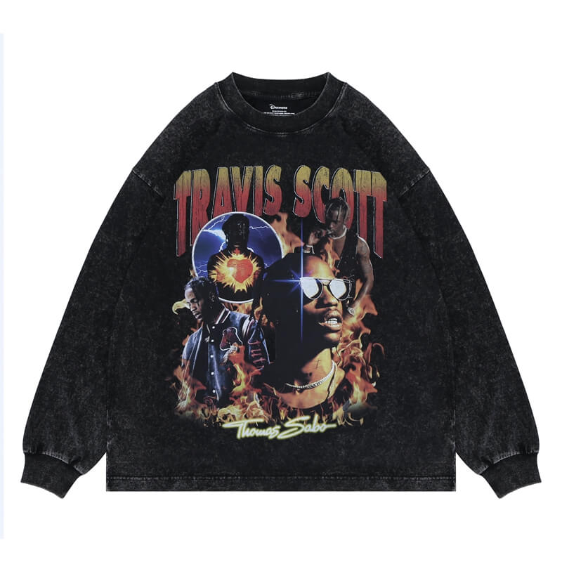 Black travis scott rap vintage wash graphic crewneck long sleeve t-shirt flat lay view.