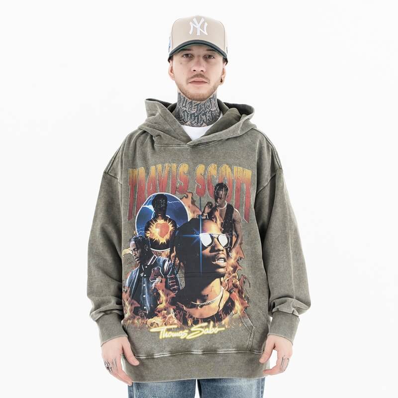 Model wearing the front view of travis scott vintage washed rap street graphic hoodie.