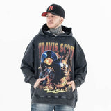 Model wearing the front view of travis scott vintage washed rap street graphic hoodie.