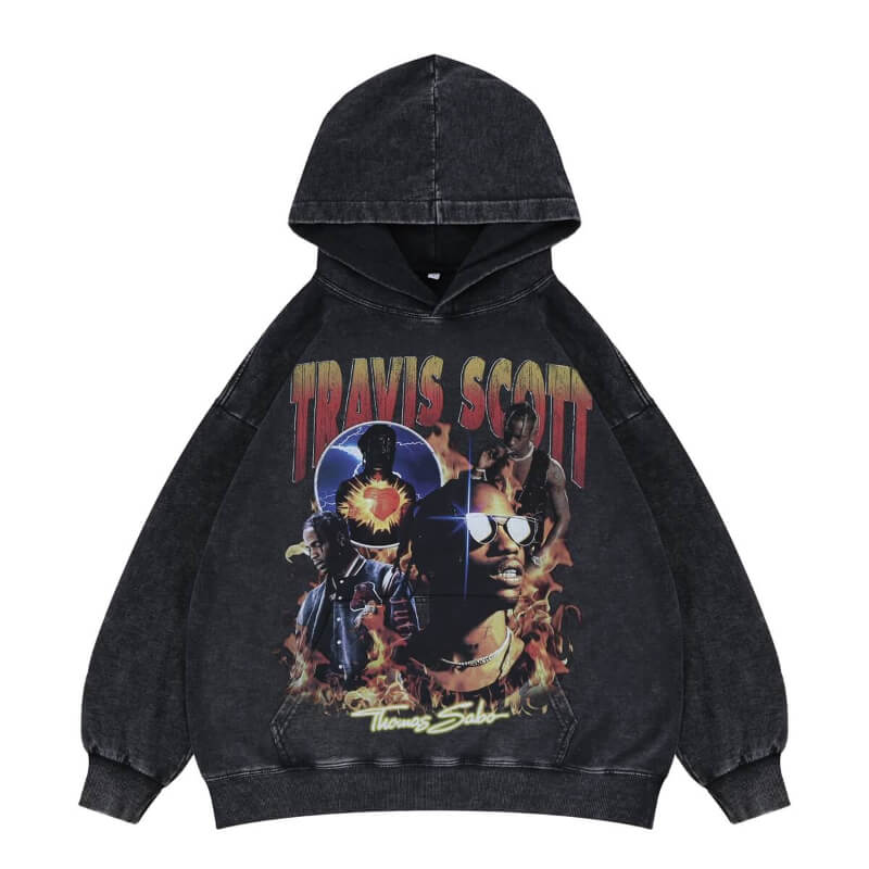 Flat lay of travis scott vintage washed rap street graphic hoodie.