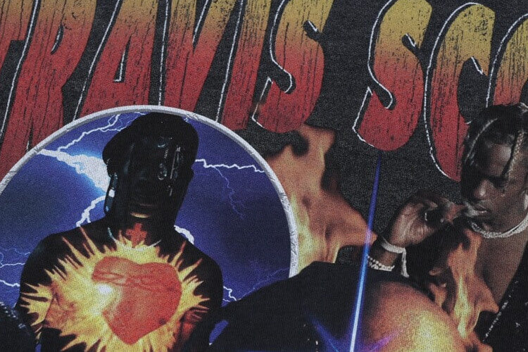 Front graphic detail of travis scott vintage washed rap street graphic hoodie.