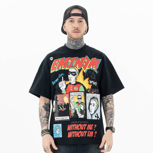 Model wearing Black Vintage Comic Style Graphic T-shirt front view