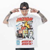 Model wearing white Vintage Comic Style Graphic T-shirt front view