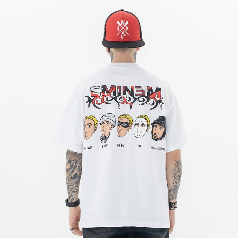 Model wearing white Vintage Comic Style Graphic T-shirt back view
