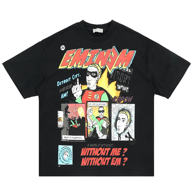 Black Vintage Comic Style Graphic T-shirt laid flat full display