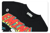 Vintage comic style graphic T-shirt close-up neckline detail