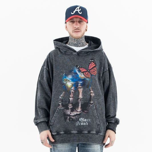 Vintage Cotton Black Graphic Hoodie - Model Wearing - Front View