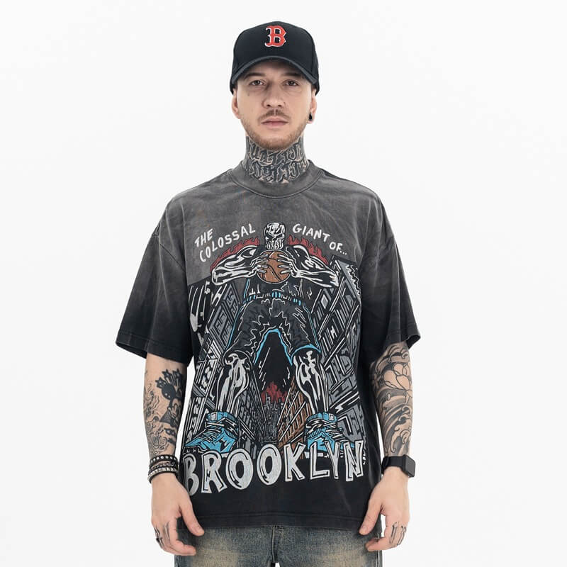 Model wearing Vintage Fun Black Basketball Graphic T-Shirt, front view.