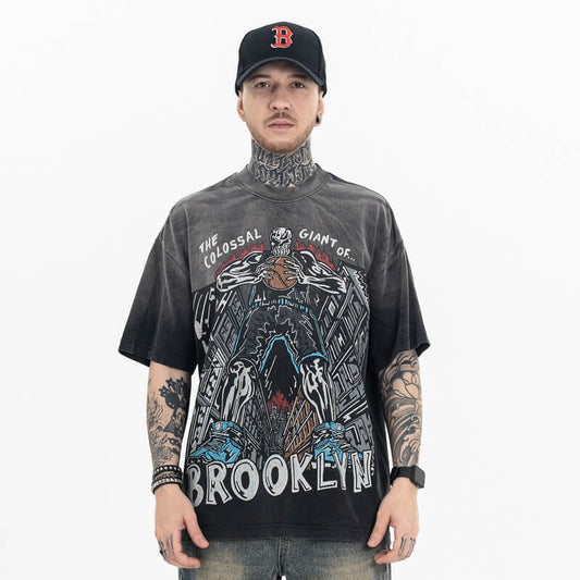 Model wearing Vintage Fun Black Basketball Graphic T-Shirt, front view.