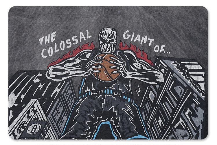 Close-up of front basketball graphic print on Vintage Fun Black Basketball Graphic T-Shirt.