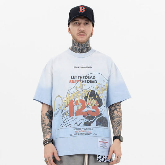 Model wearing Vintage Gradient Color Graphic T-Shirt front view