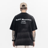 Model wearing Vintage Letter Black Graphic T-Shirt, back view.
