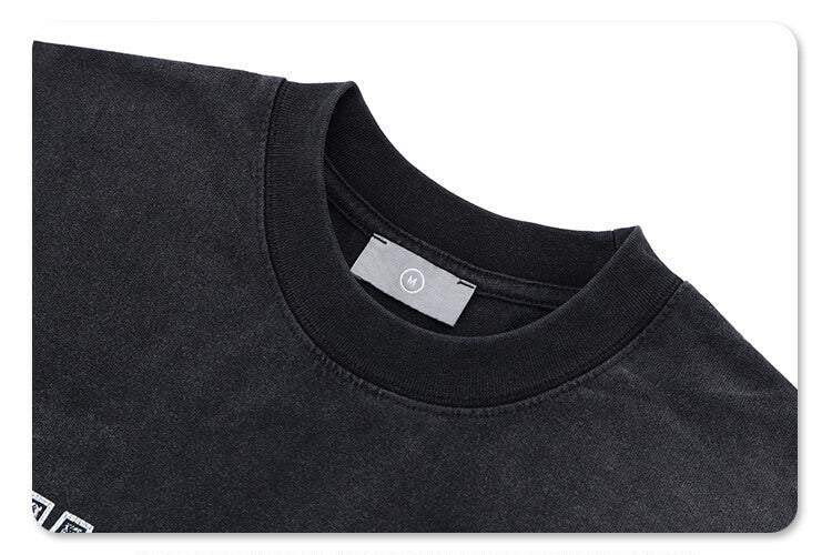 Close-up of collar detail on Vintage Letter Black Graphic T-Shirt.