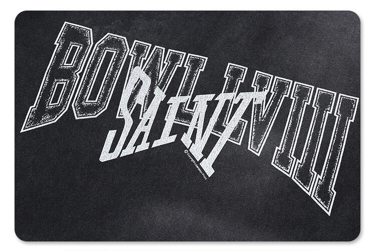 Close-up of front graphic print on Vintage Letter Black Graphic T-Shirt.