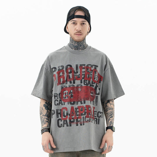 Front view of model wearing vintage letter graphic t-shirt.