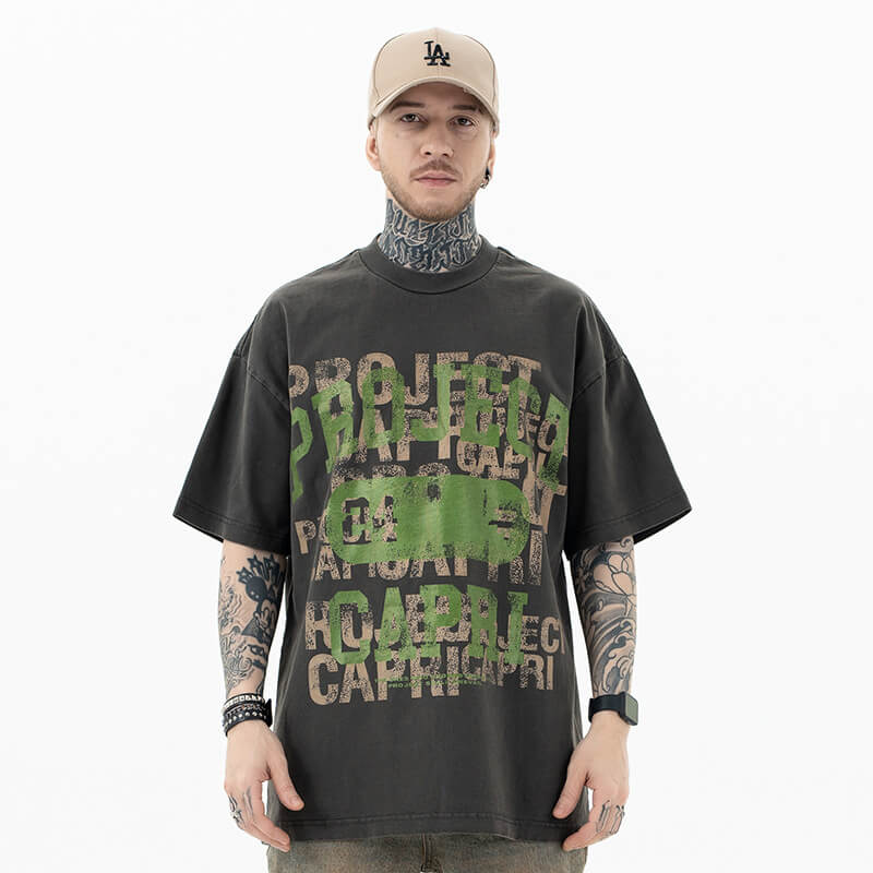 Front view of model wearing vintage letter graphic t-shirt.