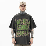 Front view of model wearing vintage letter graphic t-shirt.