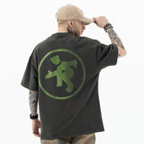 Back view of model wearing vintage letter graphic t-shirt.
