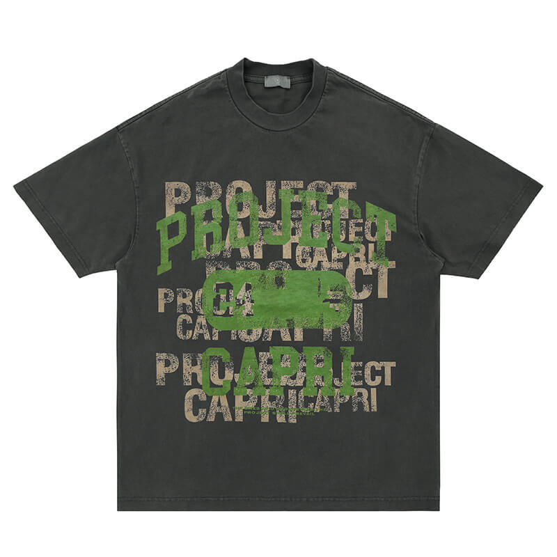 Flat lay of dark grey vintage letter graphic t-shirt on display.