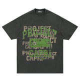 Flat lay of dark grey vintage letter graphic t-shirt on display.