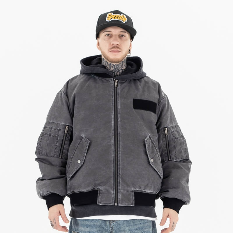 Model wearing front view vintage ma1 bomber padded jacket.