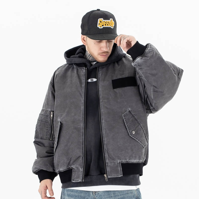 Model wearing front view vintage ma1 bomber padded jacket.