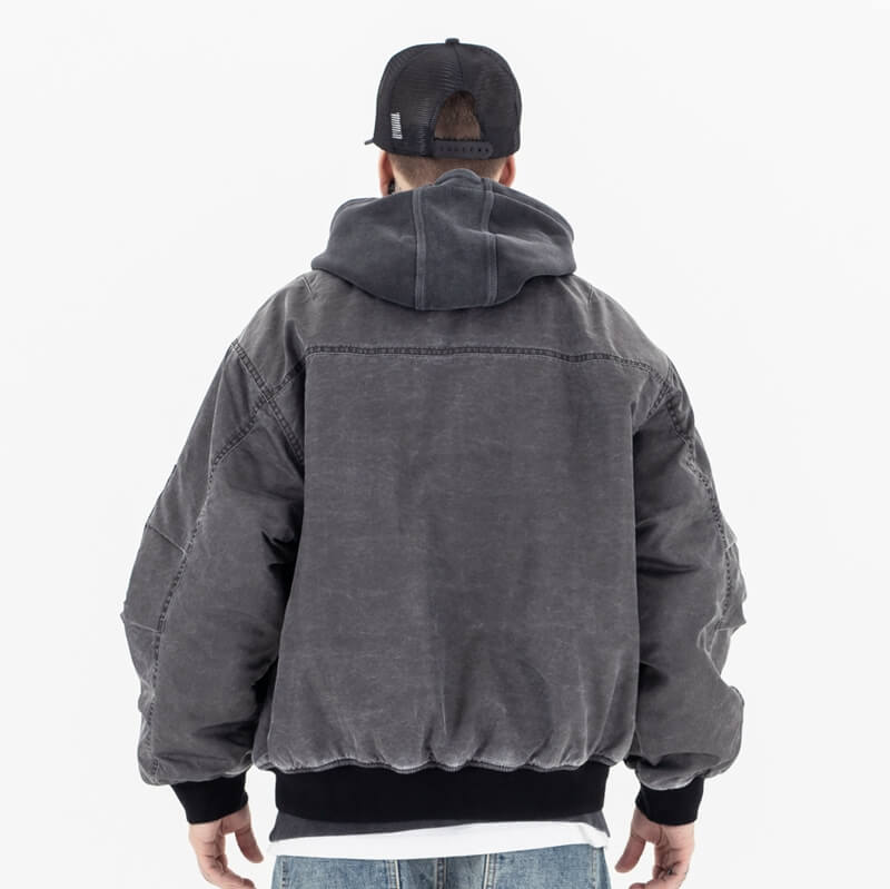 Model wearing back view vintage ma1 bomber padded jacket.