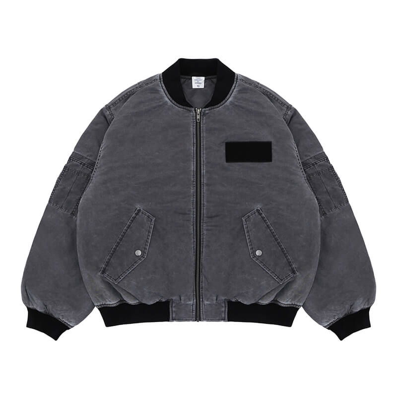 Flat lay of vintage ma1 bomber padded jacket front view.