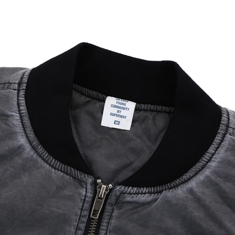 Collar detail of vintage ma1 bomber padded jacket.