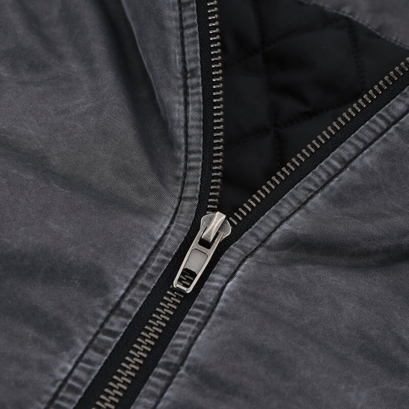 Zipper detail of vintage ma1 bomber padded jacket.