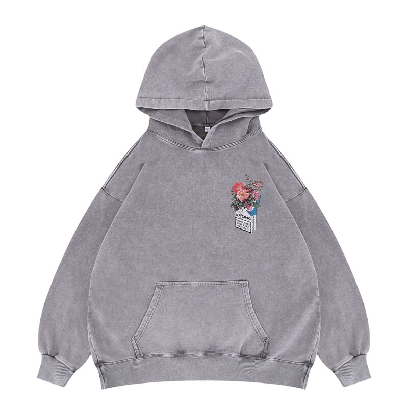 Vintage Simple Pattern Cotton Hoodie - Model Wearing - Washed Gray - Flat Lay