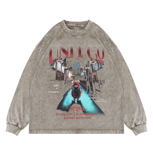 Vintage Wash Bear Alphabet Long Sleeve Graphic T-Shirt