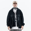 Model wearing front view of vintage wash cardigan double zipper graphic hoodie.