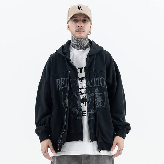 Model wearing front view of vintage wash cardigan double zipper graphic hoodie.