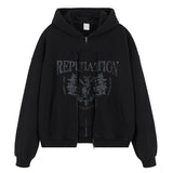Flat lay of vintage wash cardigan double zipper graphic hoodie.