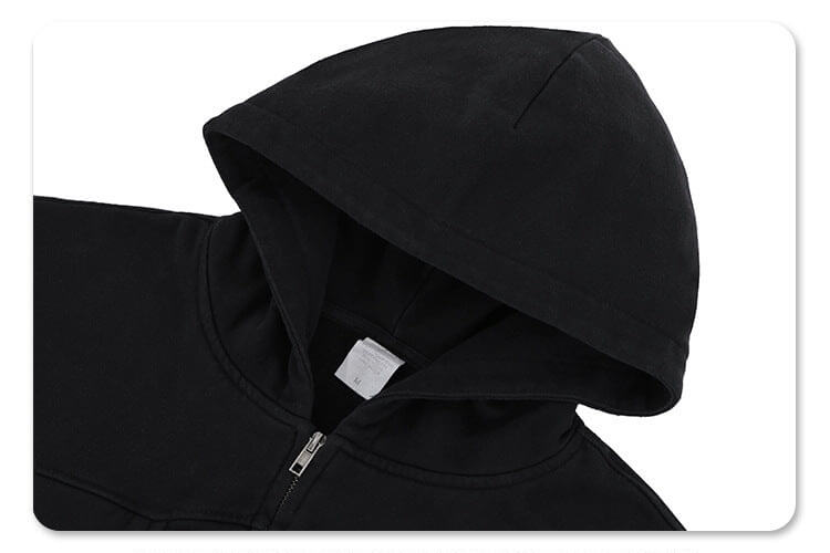 Close-up of the hood detail of the vintage washed cardigan double zip hoodie.