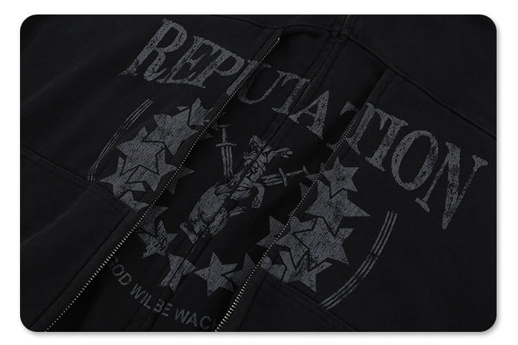 Close-up of graphic print on vintage wash cardigan double zipper hoodie.