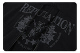Close-up of graphic print on vintage wash cardigan double zipper hoodie.