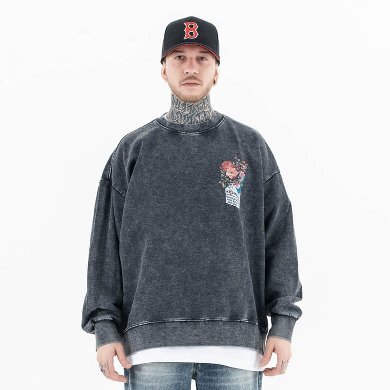 Vintage Wash Crew Neck Flower Graphic Sweatshirt - Model Wearing - Front View