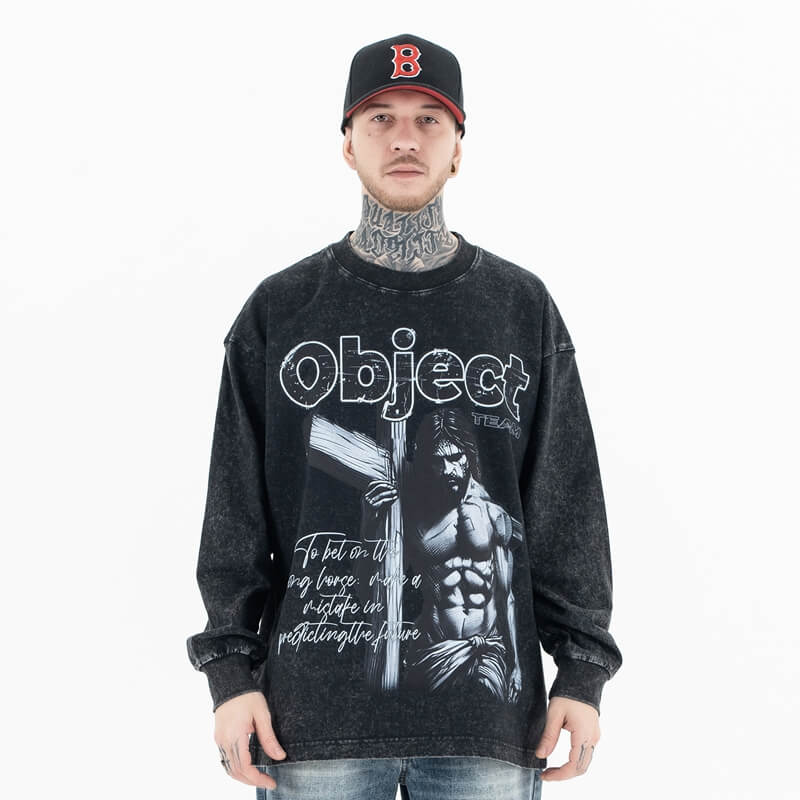 Vintage wash long sleeve graphic t-shirt worn by model front view.