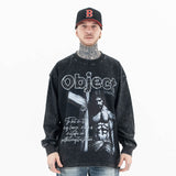 Vintage wash long sleeve graphic t-shirt worn by model front view.