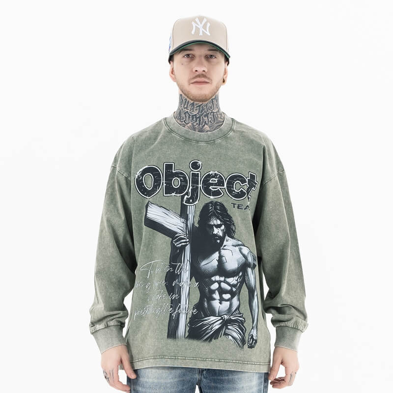 Vintage wash long sleeve graphic t-shirt worn by model front view.