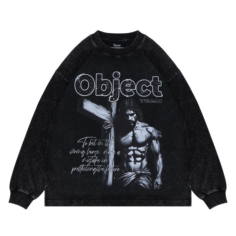 Black vintage wash long sleeve graphic t-shirt flat lay view.
