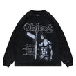 Black vintage wash long sleeve graphic t-shirt flat lay view.
