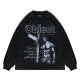 Black vintage wash long sleeve graphic t-shirt flat lay view.