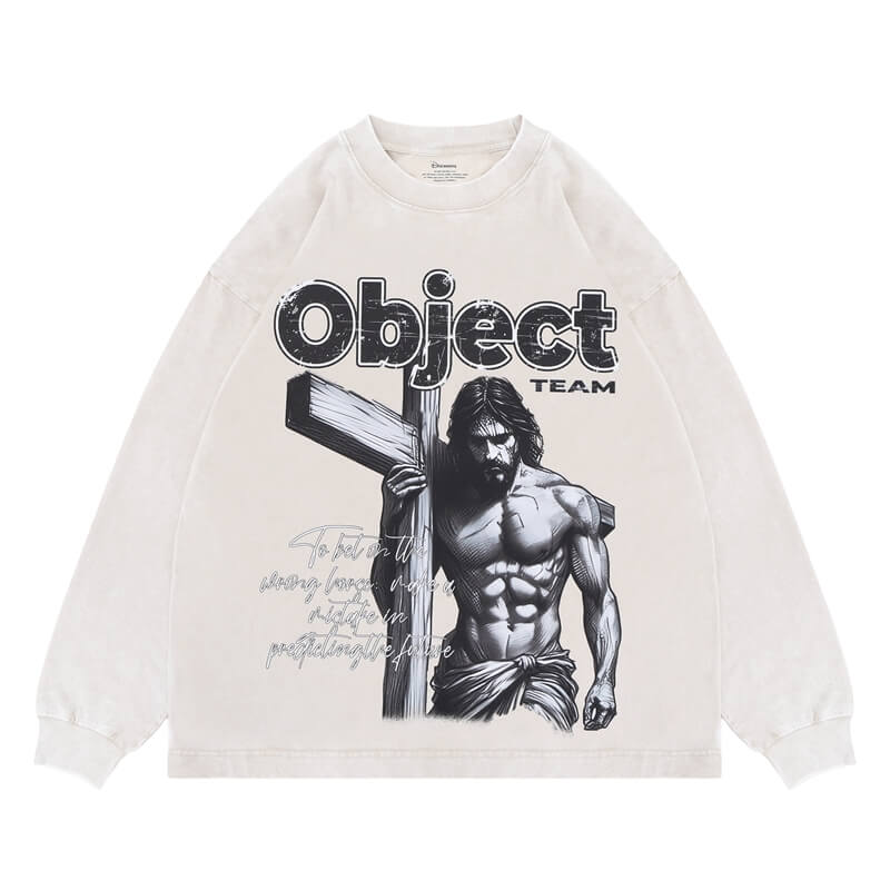 White vintage wash long sleeve graphic t-shirt flat lay view.